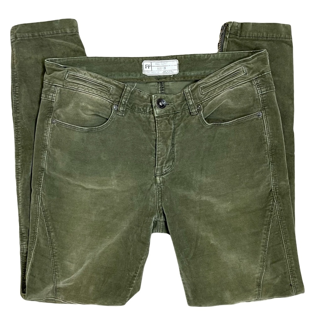 Free People Moto Corduroy Skinny Pants Womensโ 26 Olive Green Ankle Zip Pocket